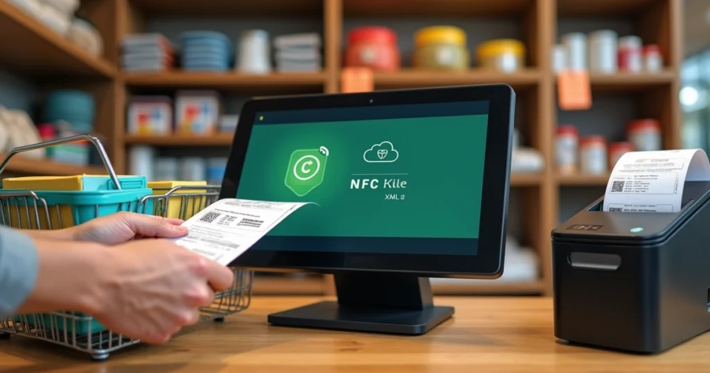 Frente de caixa moderna com atendente emitindo NFC-e em loja física