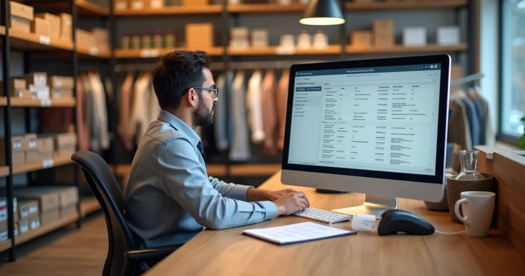 Gerente de loja cadastrando produtos no computador com prateleiras organizadas ao fundo