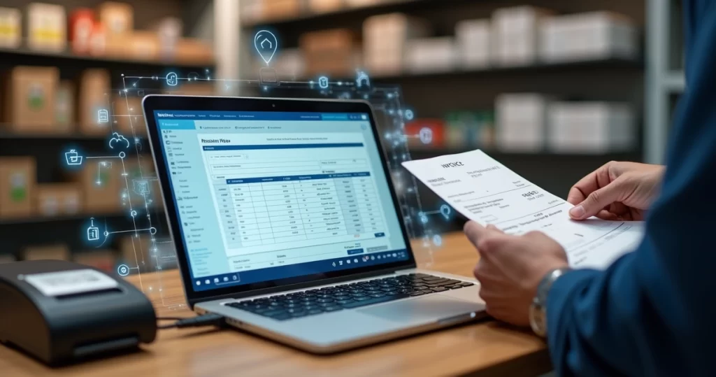 Gestor conferindo nota fiscal eletrônica em notebook sobre balcão de loja