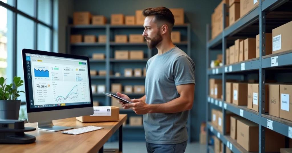 Gestor conferindo estoque físico e online em loja com computador e prateleiras