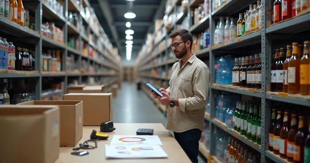 Gerente conferindo estoque de bebidas em prateleiras com tablet na mão