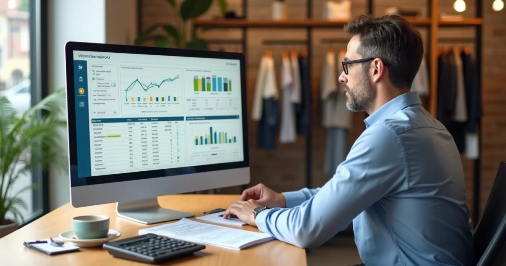 Dono de pequena loja analisando relatórios de crediário no computador